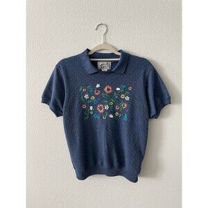 Blast Blues Floral Collared Top Women's P Vintage 80s Embroidered Preppy Y2K